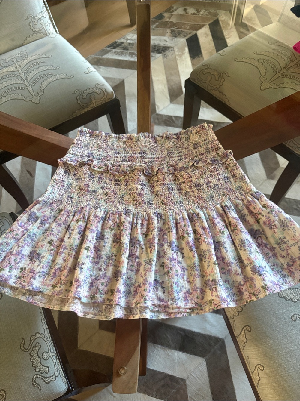 LoveShackFancy Floral Smocked Mini Skirt in Pink & Cream
